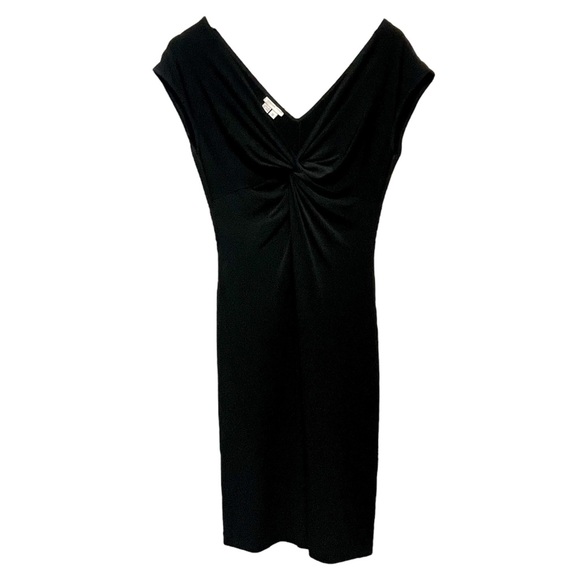 London Times Black Front Twist Knot V-Neck Midi Short Cap Sleeve Sheath Dress - Picture 1 of 9